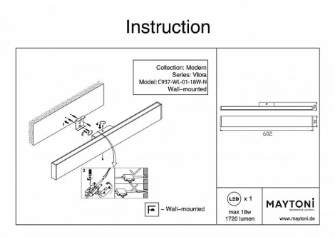 Настенный светильник линейный светодиодный Maytoni Vilora C937-WL-01-18W-N