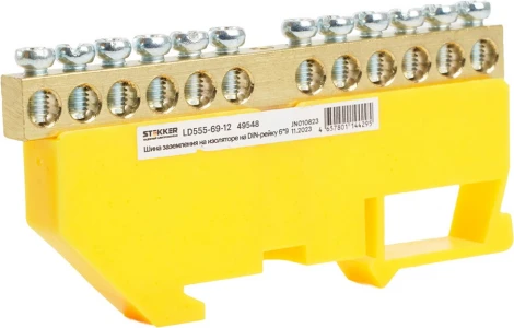 Шина заземления на изоляторе на DIN-рейку 12 выводов (желтый) Stekker 49548