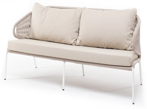 "Милан" диван 2-местный плетеный из роупа, каркас алюминий белый муар, роуп бежевый круглый, ткань бежевая 052 4SIS арт.УТ-00008597