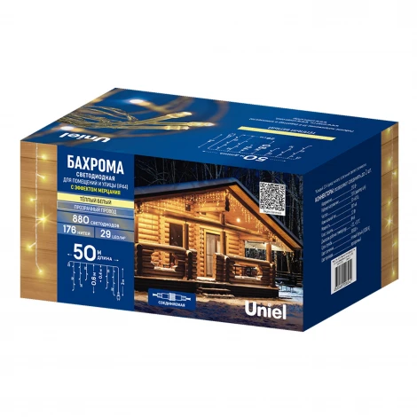 Бахрома светодиодная с эффектом мерцания, 50м. соединяемая, 880 светодиодов, теплый белый свет Uniel ULD-B50006-880/TTK WARM WHITE IP44
