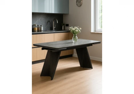 Кухонный стол Notta Вейв 140(200)х80 серый мрамор larka grey / черный