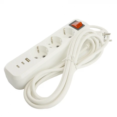 Удлинитель 3-х местный с заземлением USB Type-A + 2хUSB Type-С 5 метров (белый) Stekker Home 50138