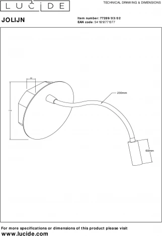 Настенный светильник светодиодный для чтения с выключателем и USB-портом Lucide JOLIJN 77289/03/02 (220V)