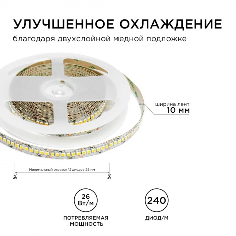 Светодиодная лента 24В ПРО 26Вт/м SMD2835 240д/м IP20 2700Лм/м ширина подложки 10мм, 5м 4000К Apeyron 00-314