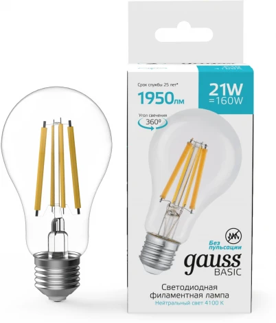 Лампочка светодиодная филаментная Gauss Filament 40712212 А70 21W 1950lm 4100К Е27 LED