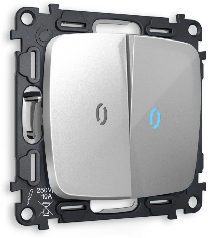 Комплект механизма Ambrella Volt 2-клавишного проходного выключателя с подсветкой 10000K OMEGA MO404040 Серебро глянец QUANT