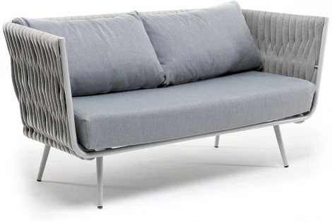 "Монако" диван 2-местный плетеный из роупа, каркас алюминий светло-серый (RAL7035) муар, роуп светло-серый 40 мм, ткань светло-серая 4SIS арт.УТ-00006214