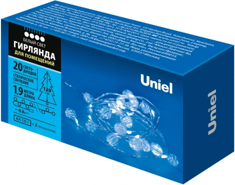 Гирлянда светодиодная на батарейках 2AA. Бусины мини. 1.9м. 20 светодиодов. Белый свет. ULD ULD-S1900-020/STB/2AA WHITE IP20 BEADS MINI