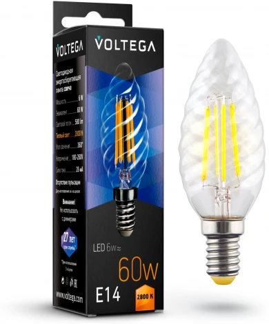 Лампочка светодиодная свеча прозрачная колба E14 6 Вт 580 lm 2800K теплое желтое свечение Voltega Crystal 7027