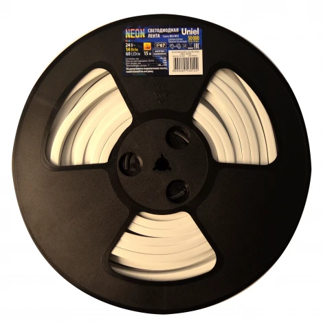 Светодиодная гибкая герметичная лента катушка 15м 3000K Uniel Neon ULS-N11-2835-120LED/m-8mm-IP67-DC24V-10W/m-15M-3000K катушка в герметичной упаковке