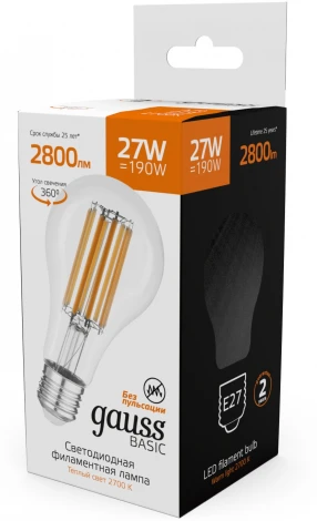 Лампочка светодиодная филаментная Gauss Filament 40712172 А70 27W 2800lm 2700К Е27 LED