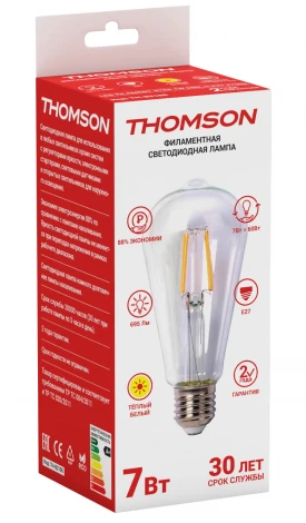 Лампочка светодиодная филаментная прозрачная груша E27 7W Thomson St64 TH-B2105