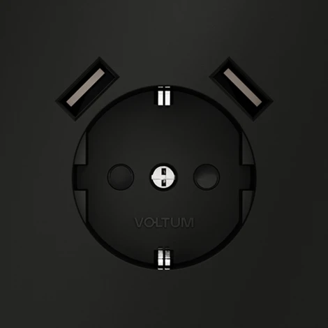 Розетка с заземлением, шторками и USBх2 (черный матовый) Voltum S70 VLS040408