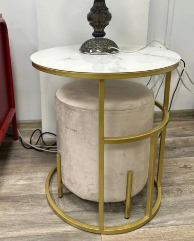 Пуф для гостиной ШАРЛЬ круглый Mr27 Бежевый, велюр / золото