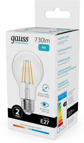 Лампочка светодиодная филаментная Gauss Filament Elementary 22229 А60 9W 730lm 4100К Е27 LED