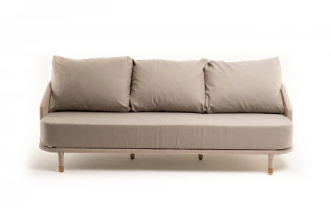 "Верона" диван 3-местный плетеный из роупа, каркас алюминий белый муар, роуп бежевый круглый, ткань бежевая 15052 4SIS арт.УТ-00010334