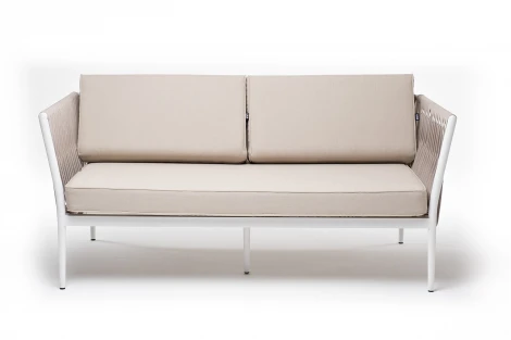 "Касабланка" диван 2-местный плетеный из роупа, каркас алюминий белый муар, роуп бежевый 20мм, ткань бежевая 15052 4SIS арт.УТ-00009934