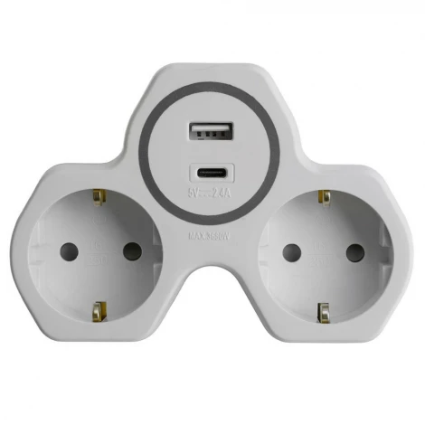 Разветвитель сетевой 2-х местный с заземлением с USB+Type C (белый, серый) Stekker 50071