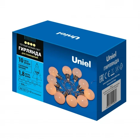 Гирлянда светодиодная «Лампочки», на батарейках 3AA 1,8м. 10 светодиодов, теплый белый свет Uniel ULD-S1800-010/STB/3AA WARM WHITE IP20 BULBS