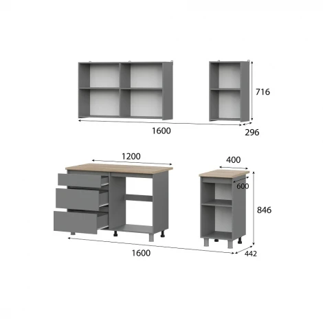 Готовая Кухня Денвер Арника 1,6 м, Графит серый, Сонома