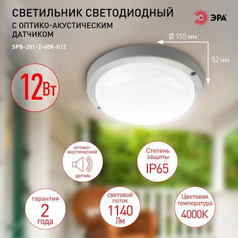 Настенно-потолочный светильник светодиодный со свето-шумовым датчиком ЭРА SPB-201-2-40K-012 (220V, круглые, IP65)