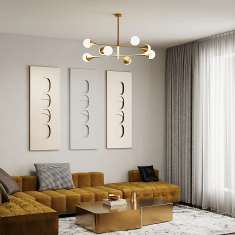 Потолочная люстра Wi-Fi на штанге Eurosvet Calyx 60168/8 латунь (220V, управление смартфоном, голосовое управление, умный дом - Minimir Home, Алиса, Маруся, Салют, шарики)