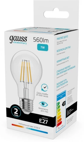 Лампочка светодиодная филаментная Gauss Filament Elementary 22227 А60 7W 560lm 4100К Е27 LED