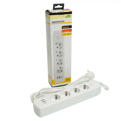 Удлинитель 4-х местный 2хUSB Type A+C 3 метра (белый) Stekker Home 49978