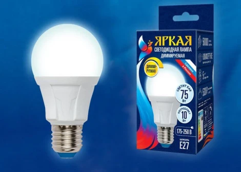 Лампочка светодиодная шар белая E27 10W 4000K Uniel LED-A60 10W/4000K/E27/FR/DIM PLP01WH
