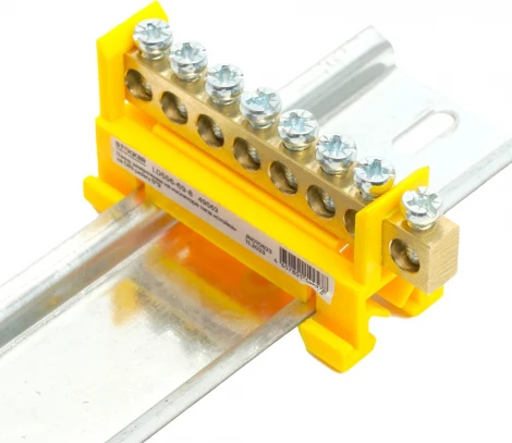 Шина заземления на изоляторе на DIN-рейку 8 выводов (желтый) Stekker 49562