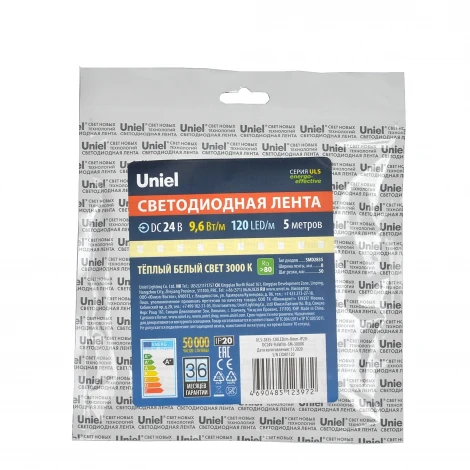 Светодиодная лента Uniel ULS-2835-120LED/m-8mm-IP20-DC24V-9,6W/m-5M-3000K катушка в герметичной упаковке