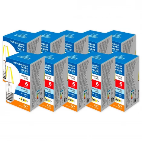 Лампа светодиодная Volpe Optima Филамент LED-A60-6W/4000K/E27/CL/SLF Набор из 10штук прозрачная белый свет 4000K