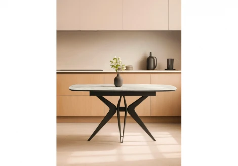 Керамический стол Риполь 160(205)х89 белый с прожилками gilt white / черный 625969