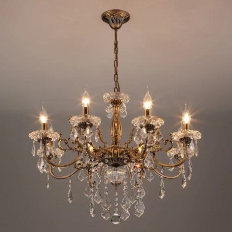 Подвесная люстра Eurosvet 3281 3281/8 античная бронза / прозрачный хрусталь (220V, хрусталь Strotskis, на цепи, подсвечник, свеча)