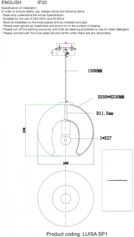 Подвесной светильник Crystal Lux LUISA SP1 BRASS/TRANSPARENT (на проводе)
