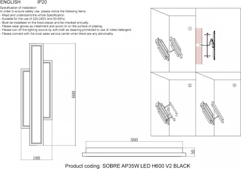 Настенный светильник Crystal Lux Sobre SOBRE AP35W LED H600 V2 BLACK