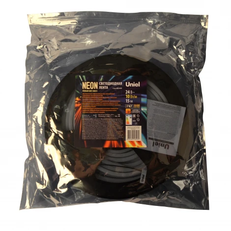 Светодиодная гибкая герметичная лента катушка 15м 3000K Uniel Neon ULS-N11-2835-120LED/m-8mm-IP67-DC24V-10W/m-15M-3000K катушка в герметичной упаковке