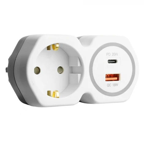 Разветвитель сетевой одноместный с заземлением с USB+Type C (белый, серый) Stekker 50109