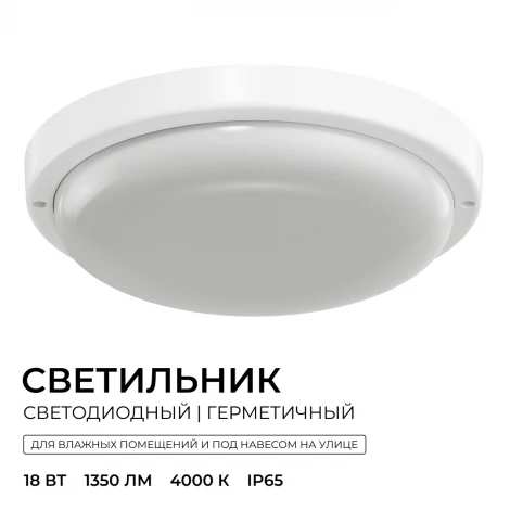 Настенно-потолочный светильник светодиодный герметичный 18Вт 1350лм 4000К IP65 круг, белый OGM О28-09