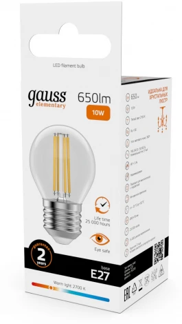 Лампочка светодиодная филаментная Gauss Filament Elementary 52210 Шар 10W 650lm 2700К Е27 LED