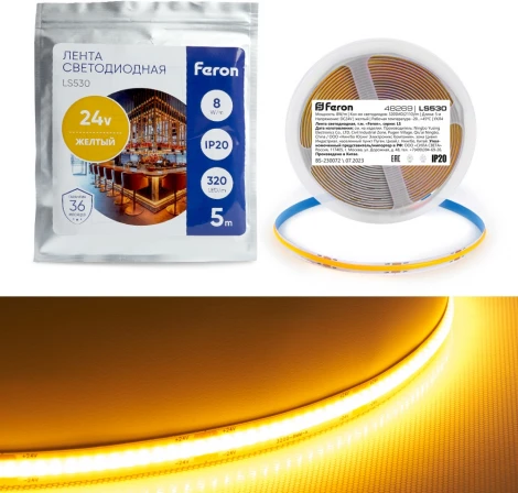 Светодиодная LED лента Feron LS530 48269 320SMD(2110) 8Вт/м 24V 5000*8*1.8мм IP20, желтый