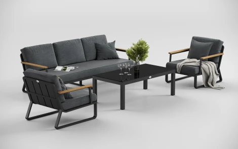 Комплект садовой мебели Gardenini Premium Voglie Long (Алюминий,Тик,Ткань,Закаленное стекло/Темно-серый,Черный) арт.LPVGL.010800.S3