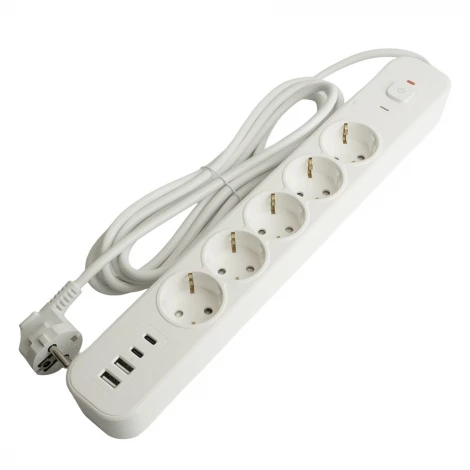 Сетевой фильтр 5-и местный с заземлением 2хUSB Type-A + 2хUSB Type-С 1,8м. (белый) Stekker Nova 50102