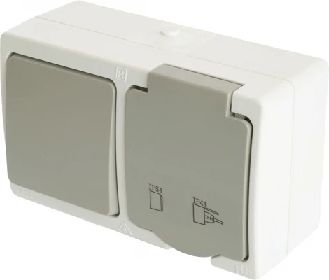 Розетка с заземлением с одноклавишным выключателем (белый,серый) Stekker Велена 49725