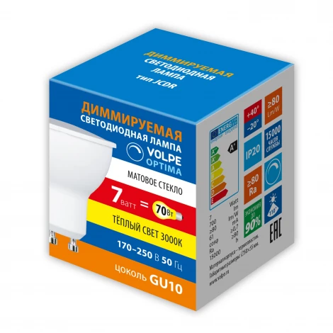 Лампа светодиодная, диммируемая, форма «JCDR», матовая, теплый белый свет 3000K Volpe OPTIMA DIM LED-JCDR-7W/3000K/GU10/FR/DIM/SLS
