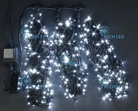 Гирлянда светодиодная белая 8 режимов свечения 24B, 600 LED, провод черный, IP54 RL-T3*20N2-B/W Rich LED
