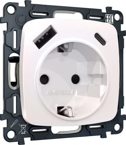Комплект механизма Ambrella Volt электрической розетки OMEGA MO210010 Жемчуг 2USB A+C 20W быстрая зарядка с заземлением и шторками 2P+E 16A-250V QUANT