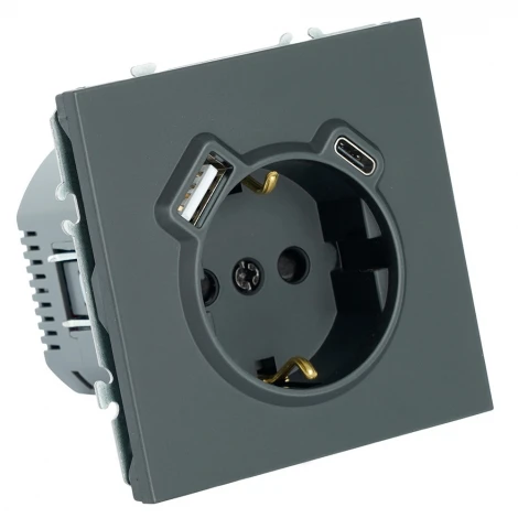 Розетка с заземлением и шторками с USB Type A+С (черный уголь, soft touch) Stekker Эмили 50218