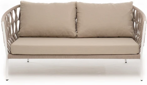 "Диего" диван 2-местный плетеный из роупа, каркас алюминий белый муар, роуп бежевый круглый, ткань бежевая 035 4SIS арт.УТ-00006212