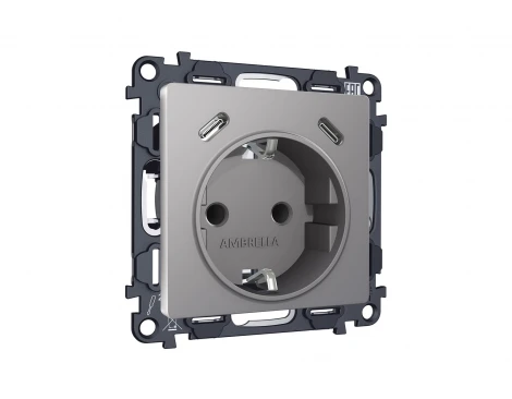 Комплект механизма электрической розетки с заземлением с 2хUSB Type-C встраиваемый (сталь матовый) Ambrella Volt QUANT MA510510